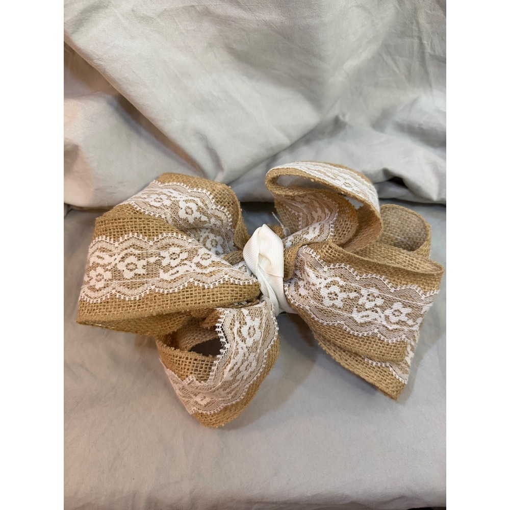 Burlap and Lace Oversized Hair Bow French Barrette Rustic Country Style - Picture 2 of 4